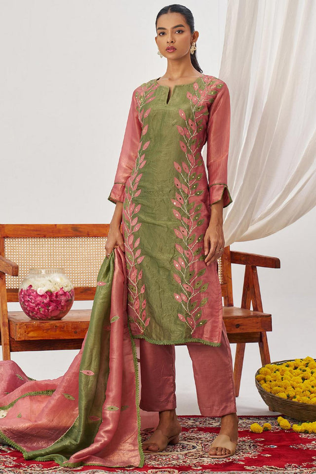 Peach Embroidered Organza Kurti Pant Set (alizeh phool-8028)