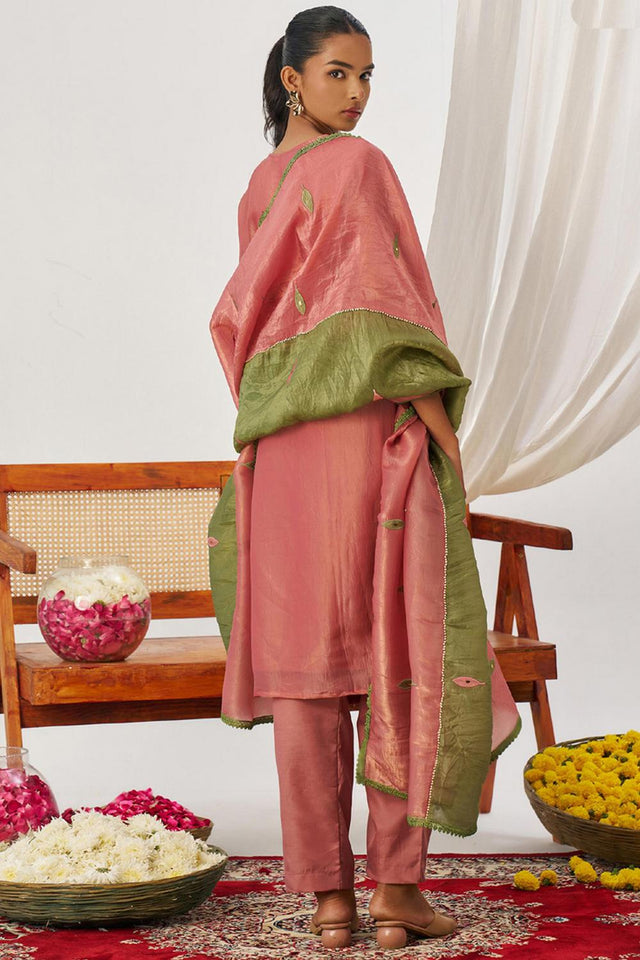 Peach Embroidered Organza Kurti Pant Set (alizeh phool-8028)