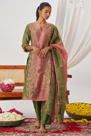 Peach Embroidered Organza Kurti Pant Set (alizeh phool-8029)