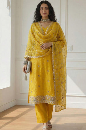 Yellow Embroidered Organza Kurti Pant Set