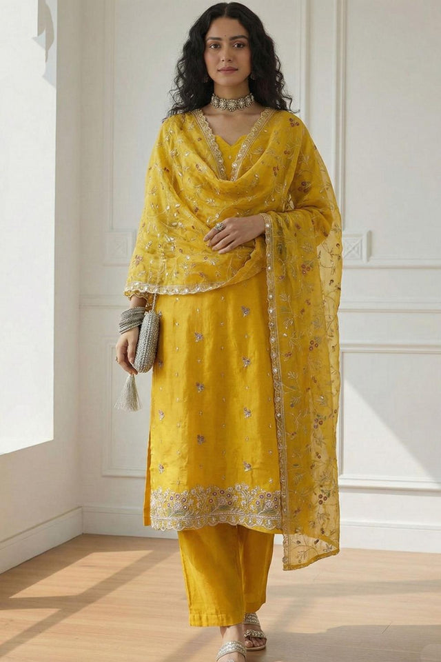 Yellow Embroidered Organza Kurti Pant Set