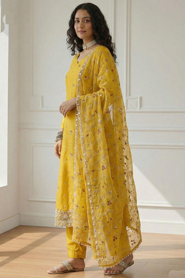 Yellow Embroidered Organza Kurti Pant Set