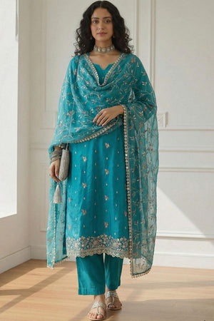 Blue Embroidered Organza Kurti Pant Set