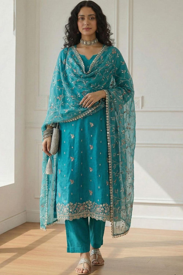 Blue Embroidered Organza Kurti Pant Set