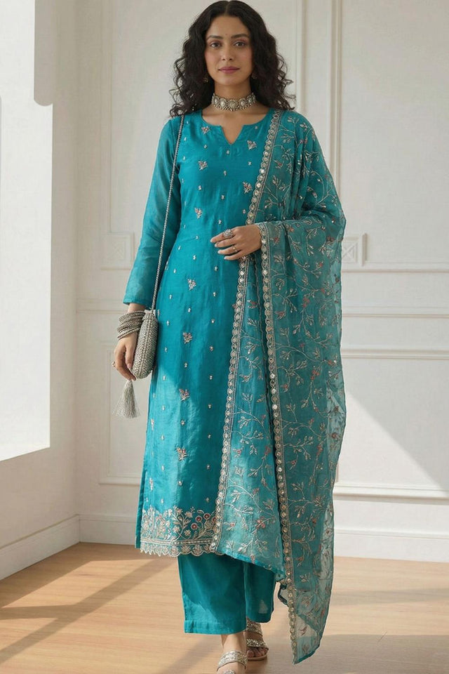 Blue Embroidered Organza Kurti Pant Set