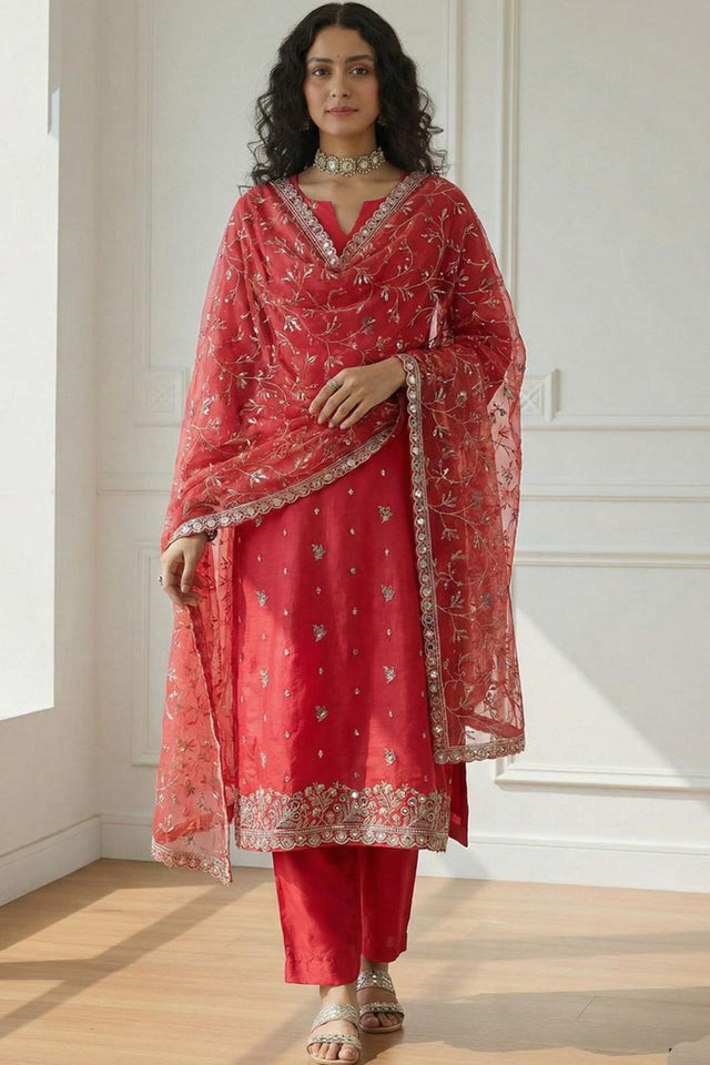 Red Embroidered Organza Kurti Pant Set
