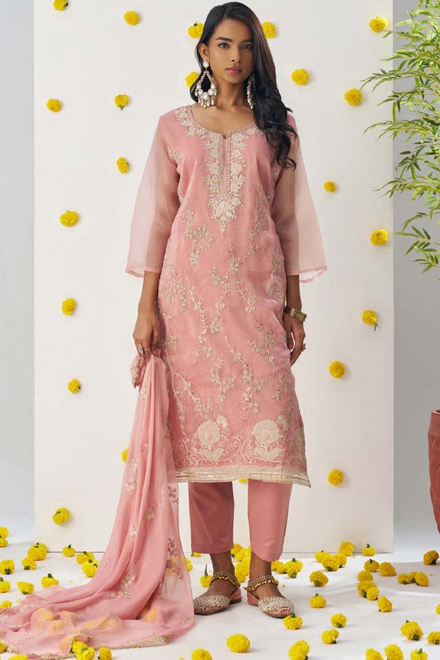 Peach Embroidered Organza Straight Cut Suit Set (alizeh raag-8009)