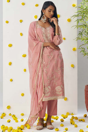 Peach Embroidered Organza Straight Cut Suit Set (alizeh raag-8009)
