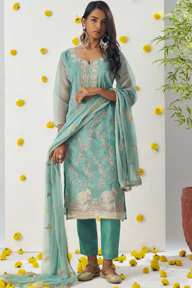 Blue Embroidered Organza Straight Cut Suit Set (alizeh raag-8010)