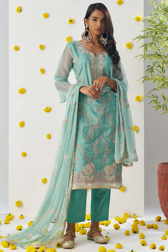 Blue Embroidered Organza Straight Cut Suit Set (alizeh raag-8010)
