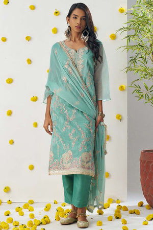 Blue Embroidered Organza Straight Cut Suit Set (alizeh raag-8010)