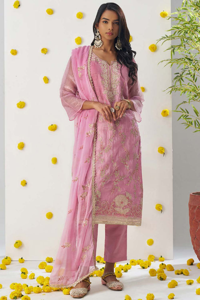 Light Pink Embroidered Organza Straight Cut Suit Set (alizeh raag-8011)