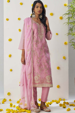 Light Pink Embroidered Organza Straight Cut Suit Set (alizeh raag-8011)