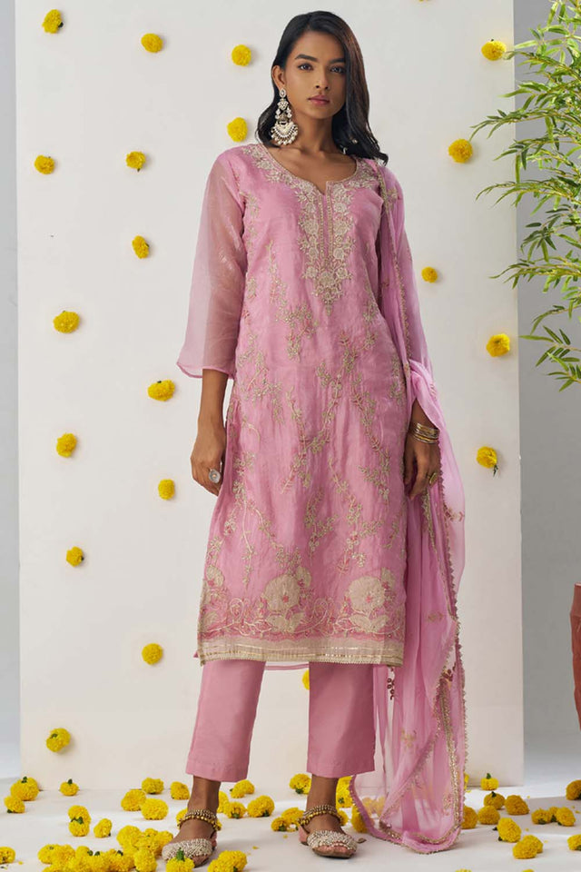 Light Pink Embroidered Organza Straight Cut Suit Set (alizeh raag-8011)