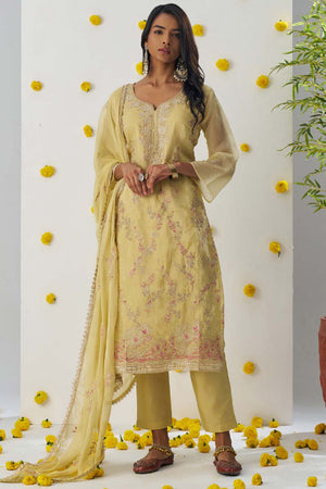 Yellow Embroidered Organza Straight Cut Suit Set (alizeh raag-8012)
