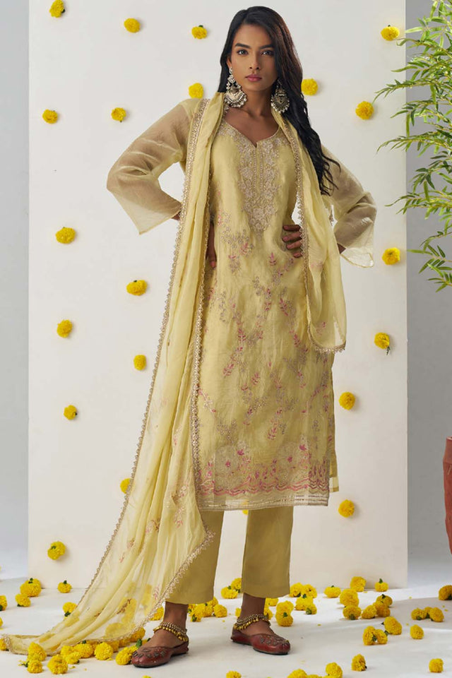 Yellow Embroidered Organza Straight Cut Suit Set (alizeh raag-8012)