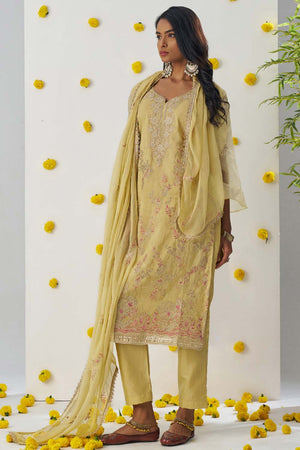 Yellow Embroidered Organza Straight Cut Suit Set (alizeh raag-8012)