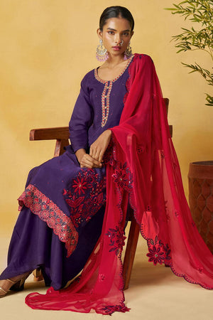 Violet Floral Embroidered Organza Kurti Palazzo Set