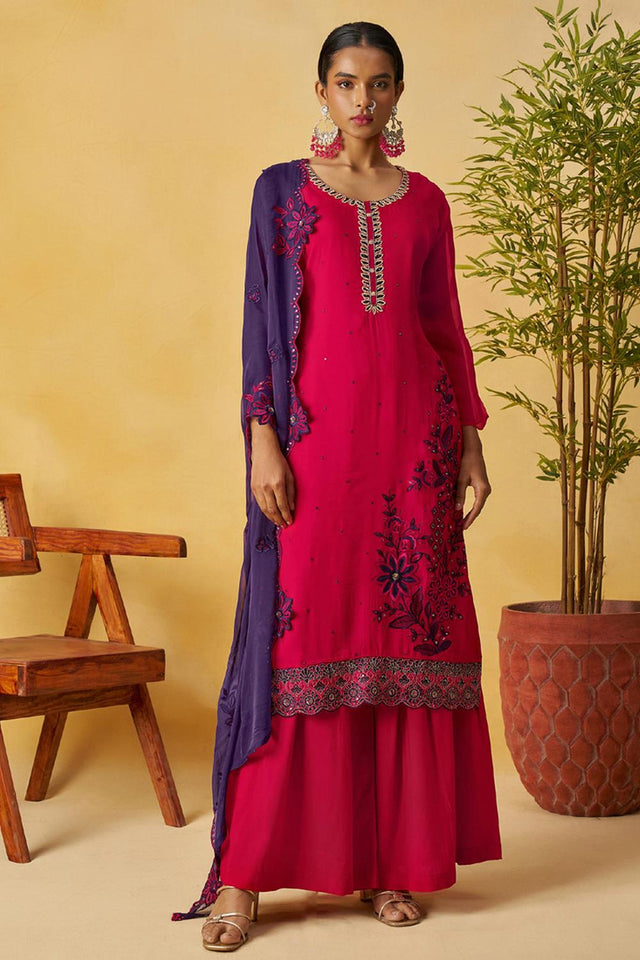 Red Floral Embroidered Organza Kurti Palazzo Set