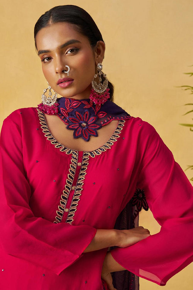 Red Floral Embroidered Organza Kurti Palazzo Set