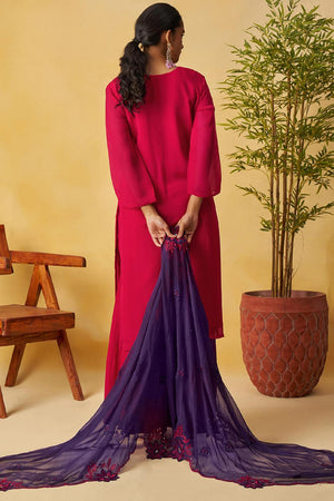 Red Floral Embroidered Organza Kurti Palazzo Set