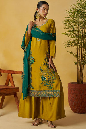 Mustard Floral Embroidered Organza Kurti Palazzo Set