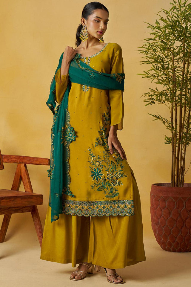 Mustard Floral Embroidered Organza Kurti Palazzo Set