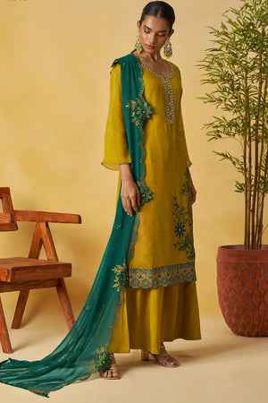 Mustard Floral Embroidered Organza Kurti Palazzo Set