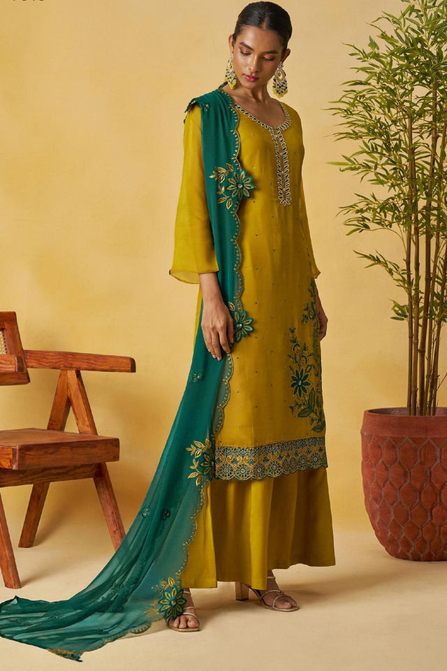 Mustard Floral Embroidered Organza Kurti Palazzo Set