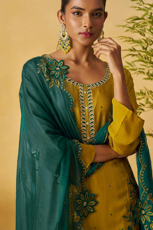 Mustard Floral Embroidered Organza Kurti Palazzo Set