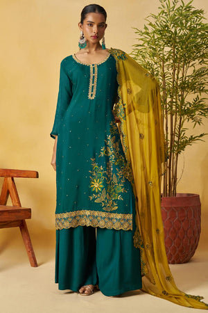 Green Floral Embroidered Organza Kurti Palazzo Set