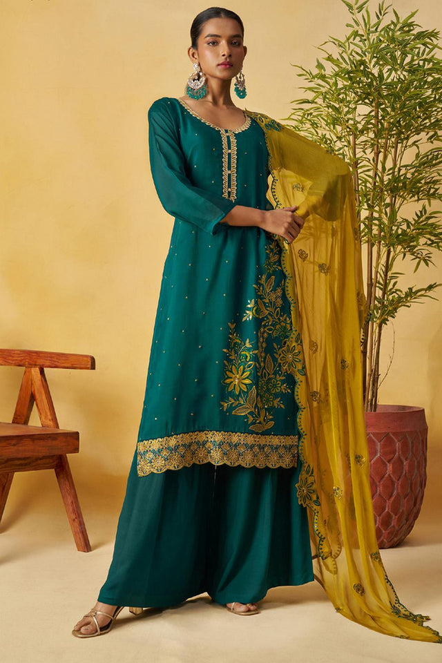 Green Floral Embroidered Organza Kurti Palazzo Set