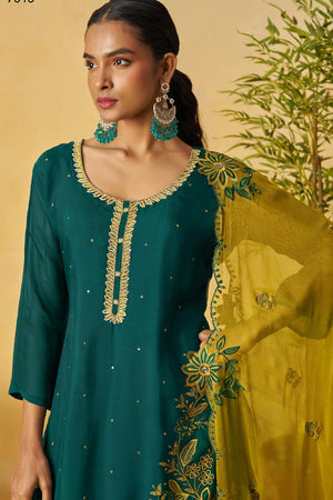 Green Floral Embroidered Organza Kurti Palazzo Set