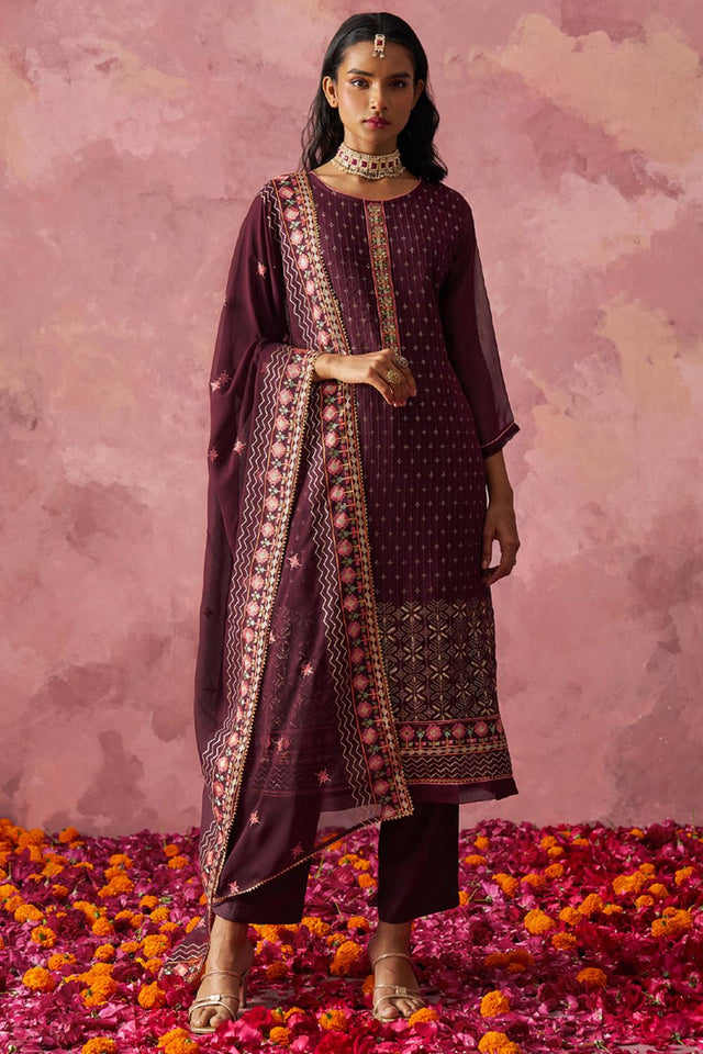 Wine Embroidered Georgette Kurti Pant Set