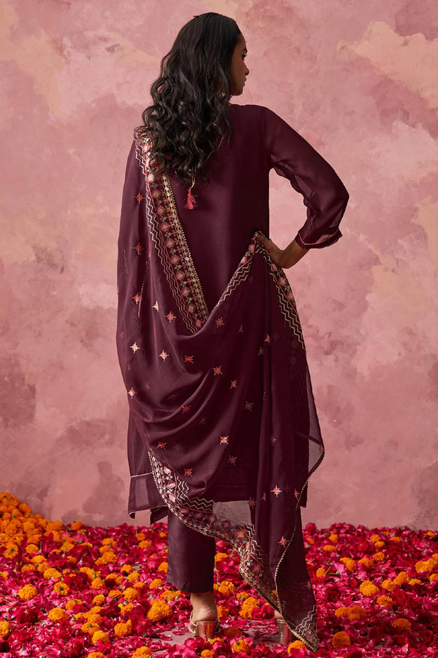 Wine Embroidered Georgette Kurti Pant Set