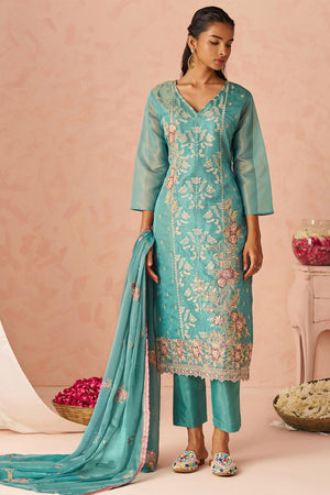Blue Floral Embroidered Silk Kurti Pant Set