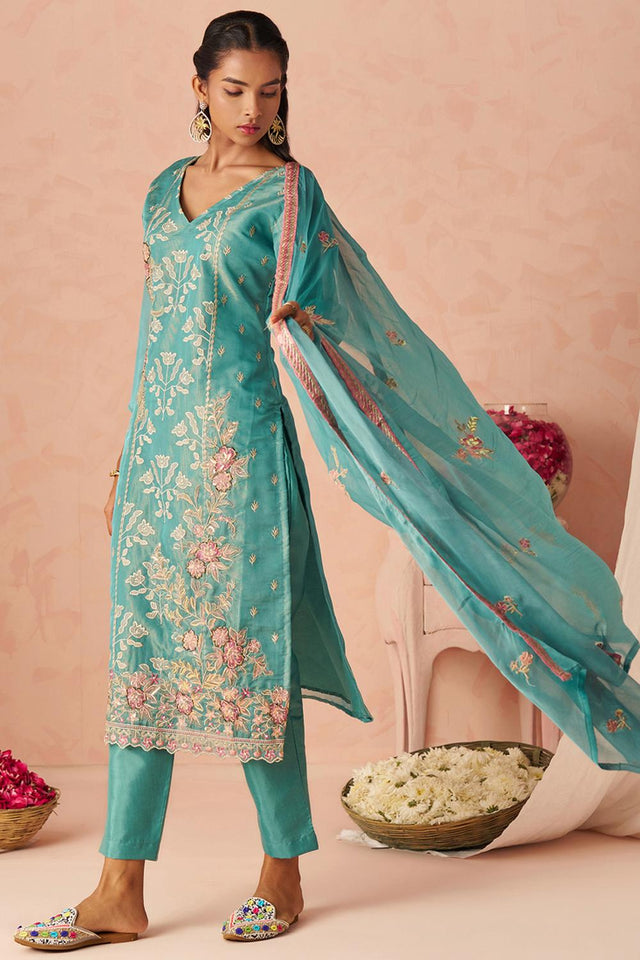 Blue Floral Embroidered Silk Kurti Pant Set