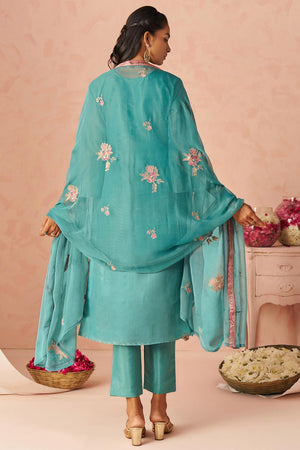 Blue Floral Embroidered Silk Kurti Pant Set