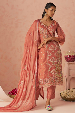 Orange Floral Embroidered Silk Kurti Pant Set