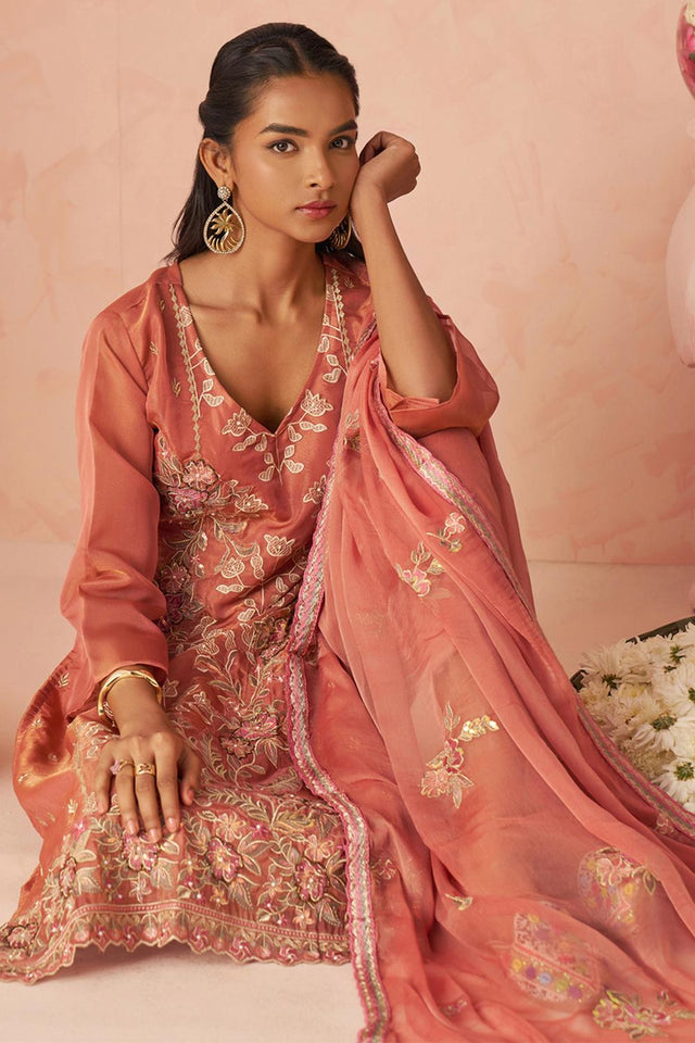 Orange Floral Embroidered Silk Kurti Pant Set