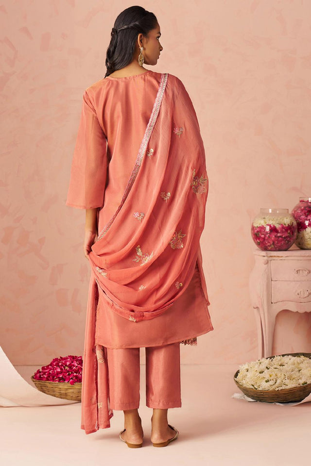 Orange Floral Embroidered Silk Kurti Pant Set