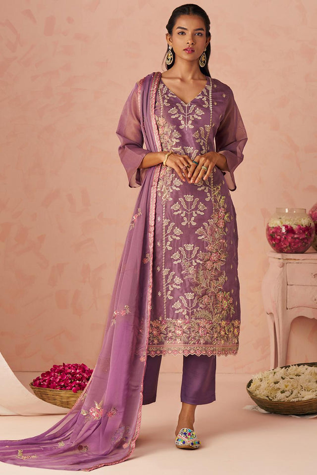Lavender Floral Embroidered Silk Kurti Pant Set