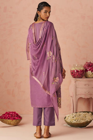 Lavender Floral Embroidered Silk Kurti Pant Set