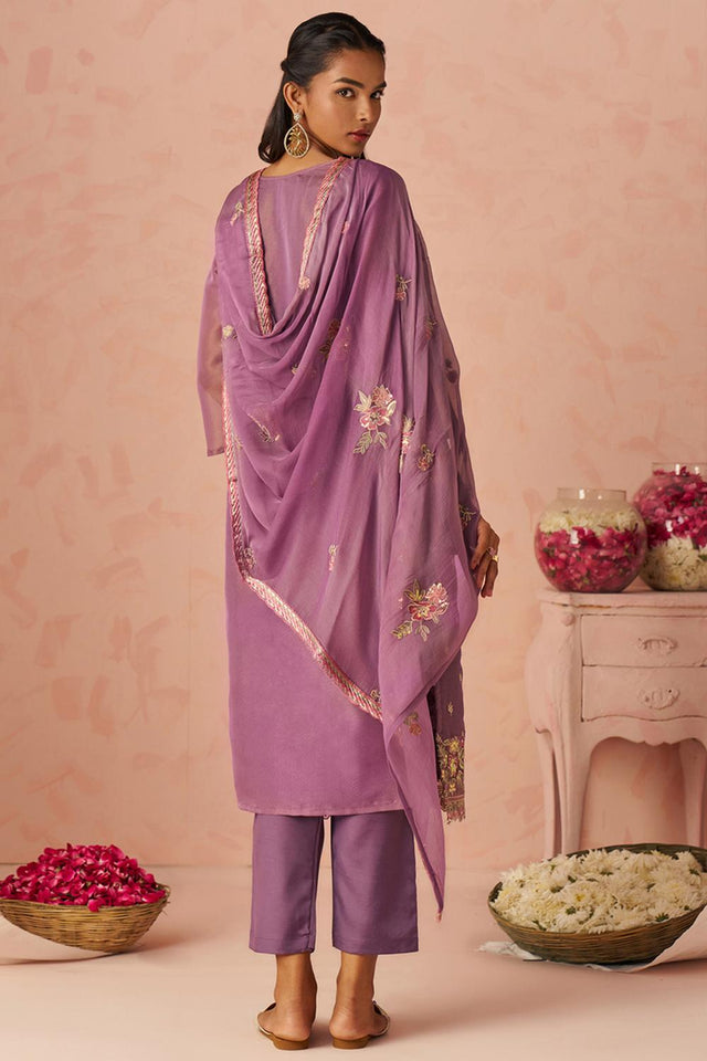 Lavender Floral Embroidered Silk Kurti Pant Set