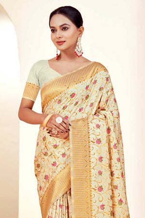 Cream Banarasi Silk Woven Saree