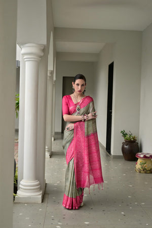 Pink Geometric Printed Art Silk Saree (Eth_SR_107)