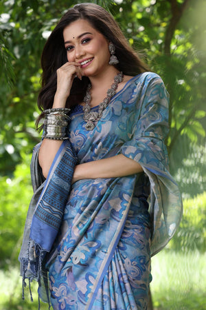 Multi Color Woven with Floral Printed Art Silk Saree (Eth_SR_110)