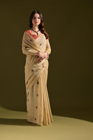 Beige Floral Woven Cotton Saree (Eth_SR_117)