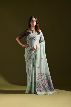 Grey Floral Woven Cotton Saree (Eth_SR_118)