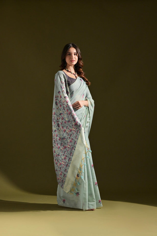 Grey Floral Woven Cotton Saree (Eth_SR_118)